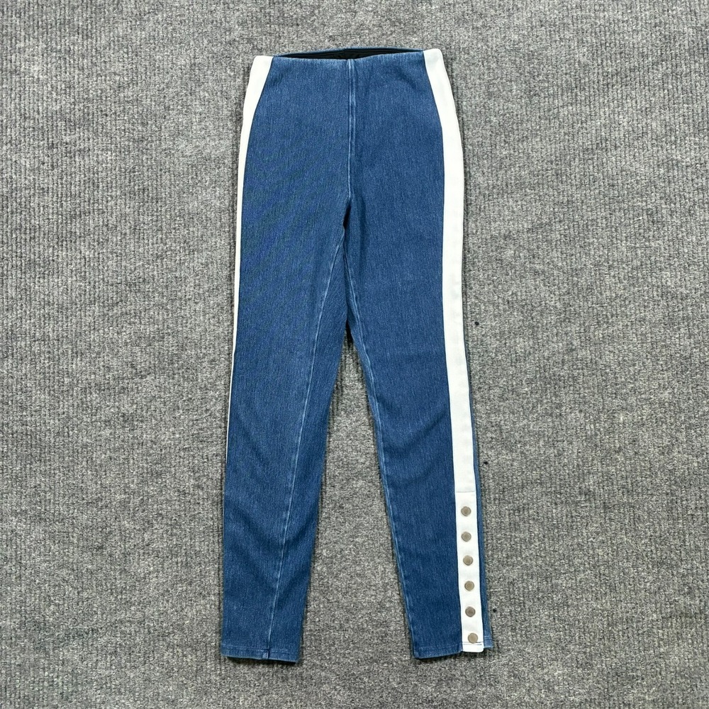 Lyssé‎ Womens Pull On Leggings Size XS Blue Denim White Side Stripe Snap Ankle